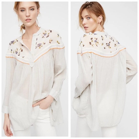 Free People Hearts & Colors Neutral Oversized Flowy Western Rodeo Top - Picture 1 of 16